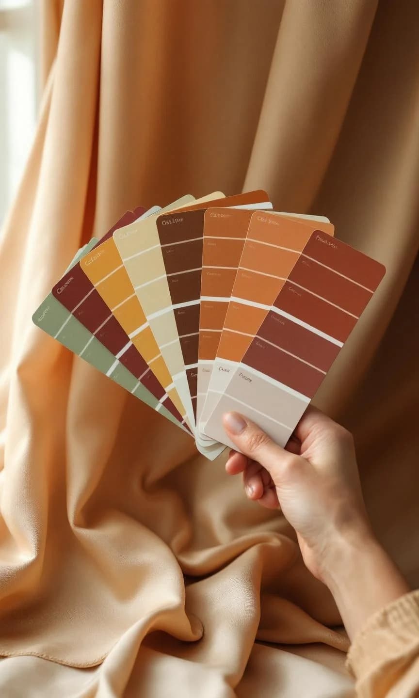 Manos sosteniendo un abanico de muestras de color en tonos otoñales